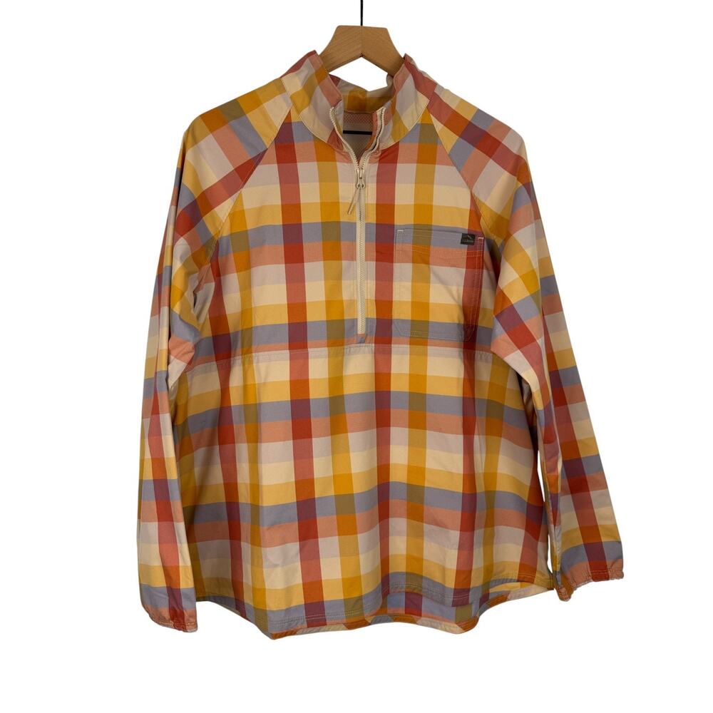 LL BEAN Everyday SunSmart Quarter Zip Pullover Shirt Womens Plaid Est XL UPF 50+